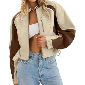 Womens Khaki Tankaneo Leather Bomber Jacket Cropped Color Block Fall Casual